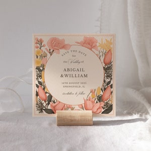 Pfirsich Blumen Save the Date Hochzeitseinladung Vorlage, Printable Save the Date Einladung, speichern Sie unser Datum Hochzeit Quadrat Einladung, ABIGAIL
