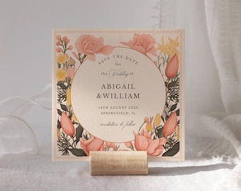 Perzik bloemen Save the Date bruiloft uitnodiging sjabloon, afdrukbare Save the Date uitnodiging, Save onze datum bruiloft vierkante uitnodiging, ABIGAIL