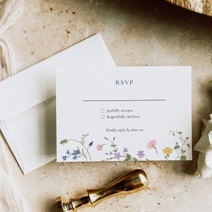 Invitación de boda de flores silvestres RSVP, tarjeta de respuesta de boda, Rsvp de boda imprimible, RSVP de boda, Boho Wildflower Rsvp, corona floral, KK2