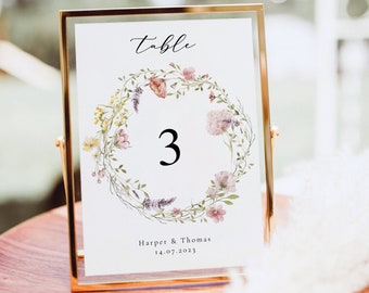 Wildflower Wedding Table Numbers Template, Printable Table Numbers, Wedding Table Numbers, Vintage Wildflower Table, Floral Wreath, EH1