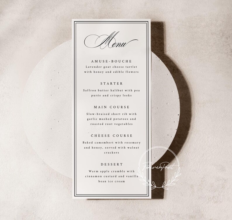 May include: A rectangular menu card with a black border and elegant script. The menu lists courses: Amuse-bouche, Starter, Main Course, Cheese Course, and Dessert. The menu items include detailed descriptions of the dishes.