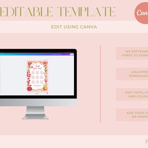 K&ouml;nnte beinhalten: Ein Computermonitor zeigt eine DIY-editierbare Vorlage mit floralen und Fruchtillustrationen. Der Bildschirm zeigt ein Design mit dem Text "Find your tribe". Das Bild enth&auml;lt auch den Text "Edit using Canva" und "No software or fonts to download".