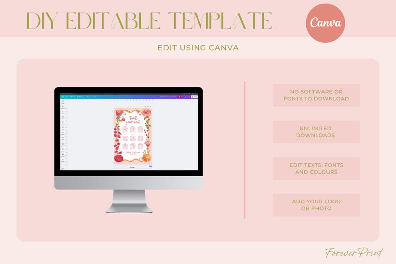 K&ouml;nnte beinhalten: Ein Computermonitor zeigt eine DIY-editierbare Vorlage mit floralen und Fruchtillustrationen. Der Bildschirm zeigt ein Design mit dem Text "Find your tribe". Das Bild enth&auml;lt auch den Text "Edit using Canva" und "No software or fonts to download".