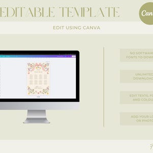 May include: A computer screen displaying a wedding seating chart template on Canva. The template features a floral design with pink, yellow, and green accents. The text "DIY EDITABLE TEMPLATE" is at the top of the image. The text "EDIT USING CANVA" is below the template. The text "NO SOFTWARE OR FONTS TO DOWNLOAD" is on the right side of the image. The text "UNLIMITED DOWNLOADS" is below the first text. The text "EDIT TEXTS, FONTS AND COLOURS" is below the second text. The text "ADD YOUR LOGO OR PHOTO" is below the third text. The text "Forever Print" is at the bottom of the image.