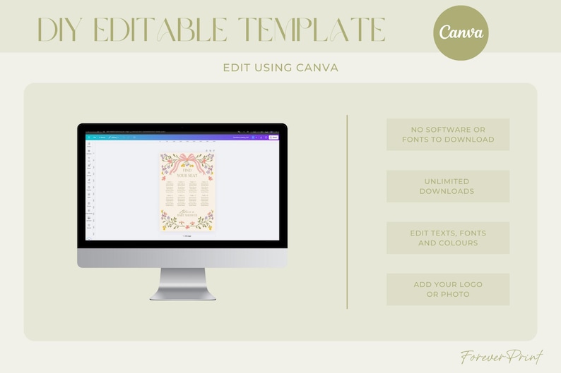 May include: A computer screen displaying a wedding seating chart template on Canva. The template features a floral design with pink, yellow, and green accents. The text "DIY EDITABLE TEMPLATE" is at the top of the image. The text "EDIT USING CANVA" is below the template. The text "NO SOFTWARE OR FONTS TO DOWNLOAD" is on the right side of the image. The text "UNLIMITED DOWNLOADS" is below the first text. The text "EDIT TEXTS, FONTS AND COLOURS" is below the second text. The text "ADD YOUR LOGO OR PHOTO" is below the third text. The text "Forever Print" is at the bottom of the image.