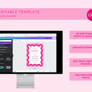 May include: A computer screen displaying a Canva template for a baby shower invitation. The template features a pink and white design with the text "BABY SHOWTI" and a wavy border. The screen also shows a sidebar with options for editing the template, including adding a heading, adding a subheading, and searching for elements.