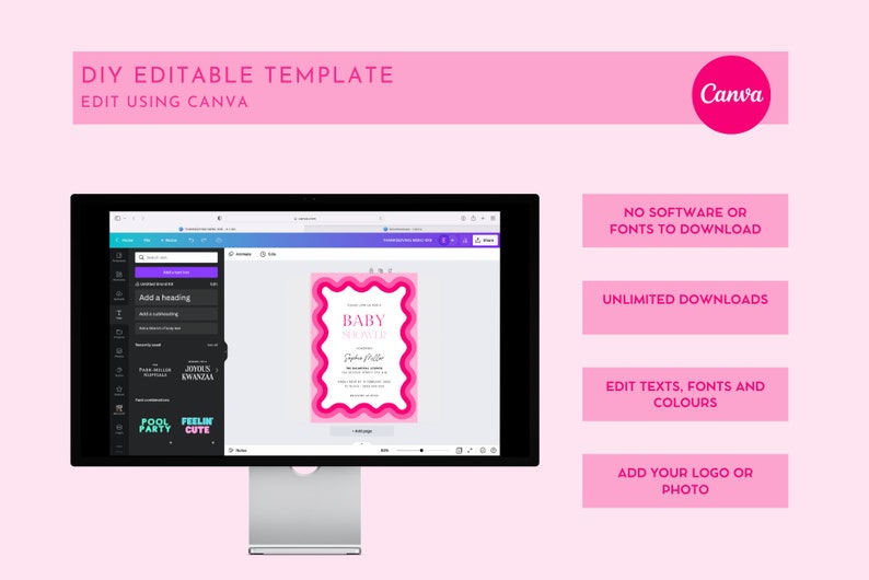May include: A computer screen displaying a Canva template for a baby shower invitation. The template features a pink and white design with the text "BABY SHOWTI" and a wavy border. The screen also shows a sidebar with options for editing the template, including adding a heading, adding a subheading, and searching for elements.
