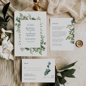 Greenery WEDDING INVITATION SET Template Download, Eucalyptus wedding invitation suite template, Modern wedding Invitation bundle leaves image 1