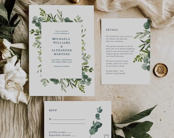 Greenery WEDDING INVITATION SET Template Download, Eucalyptus wedding invitation suite template, Modern wedding Invitation bundle leaves