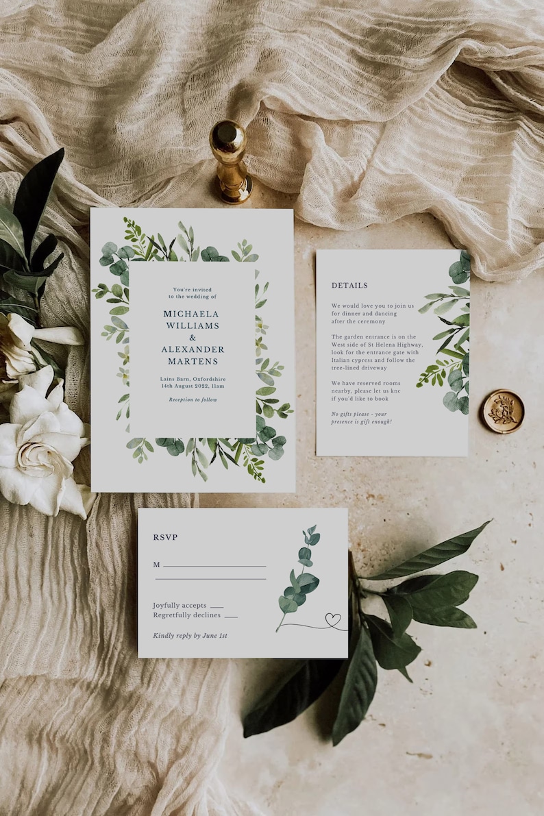 Greenery WEDDING INVITATION SET Template Download, Eucalyptus wedding invitation suite template, Modern wedding Invitation bundle leaves 50 image 1