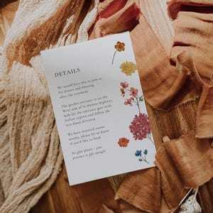 Tarjeta con detalles de boda con flores de otoño, detalles de boda, plantilla editable, terracota, tarjeta adjunta, inserto de detalles, tarjeta de alojamiento ANNA