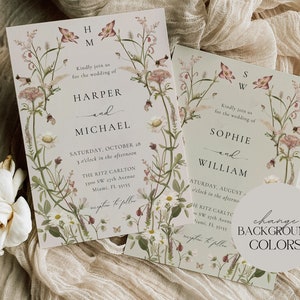 May include: Two wedding invitations with floral designs. The top invitation is for Harper and Michael, with a date of Saturday, October 28. The bottom invitation is for Sophie and William, with a date of Saturday, August 7. Both invitations have a floral border and a text overlay that says "change background colors".