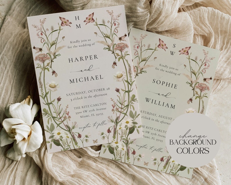 May include: Two wedding invitations with floral designs. The top invitation is for Harper and Michael, with a date of Saturday, October 28. The bottom invitation is for Sophie and William, with a date of Saturday, August 7. Both invitations have a floral border and a text overlay that says "change background colors".