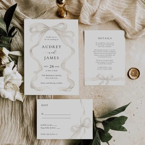 Beige Schleife Hochzeitseinladung, Kurvige Einladung, Bearbeitbare Vorlage, Beige Band, Moderne Hochzeitseinladung, Beige Hochzeitseinladung