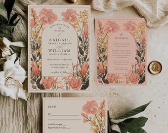 Peach Floral Wedding Invitation Template, Printable Wedding Invitation, Garden Wedding, Floral Arch Invitation, Vintage Wedding Pink ABIGAIL