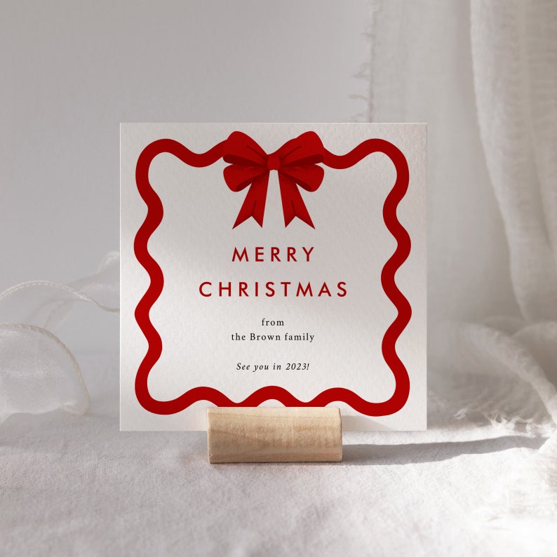 Merry Christmas Greetings Card Template, Curvy Waves Card, Printable Christmas Card, Editable Template, Instant Download, Bow, Ribbon CC2 image 1