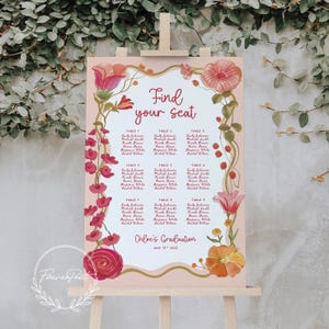 Kleurrijke bloemen bruiloft zitplaatsen grafiek, afdrukbaar bruiloft tafelplan, trouwplan, tuin bruiloft, afstuderen zitplaatsen bruiloft bord DAGNY