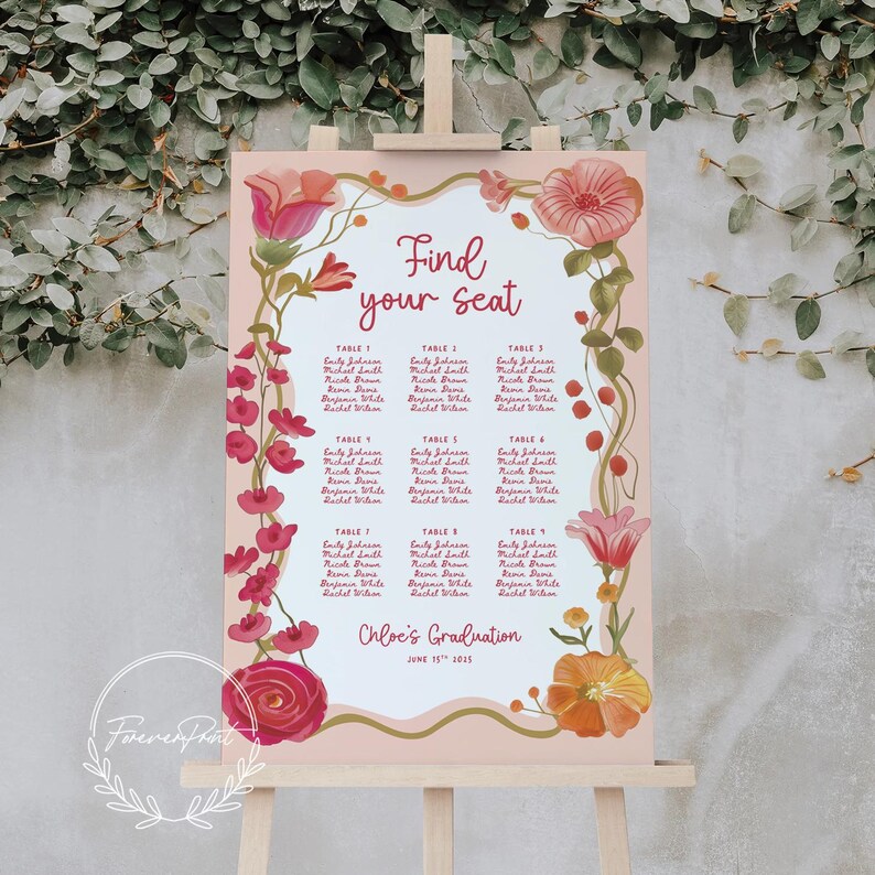 K&ouml;nnte beinhalten: Ein rosa Blumensitzplan mit dem Text "Find your seat" und den Namen der G&auml;ste f&uuml;r eine Abschlussfeier. Die Tafel ist mit Aquarellblumen und Gr&uuml;n dekoriert. Das Schild wird auf einer Holzstaffelei ausgestellt.