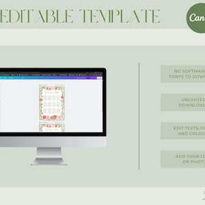 May include: A computer monitor displays a DIY editable template with floral design elements. The image includes text that says "DIY EDITABLE TEMPLATE" and "Canva". Additional text highlights features like no software download, unlimited downloads, and editing options.