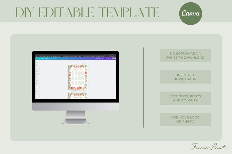 May include: A computer monitor displays a DIY editable template with floral design elements. The image includes text that says "DIY EDITABLE TEMPLATE" and "Canva". Additional text highlights features like no software download, unlimited downloads, and editing options.