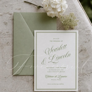 May include: A wedding invitation with a sage green envelope and border. The invitation reads "Join us for the wedding of Scarlett & Lincoln" with the date and location, "Ch&acirc;teau de Lumi&egrave;re, Provence, France."