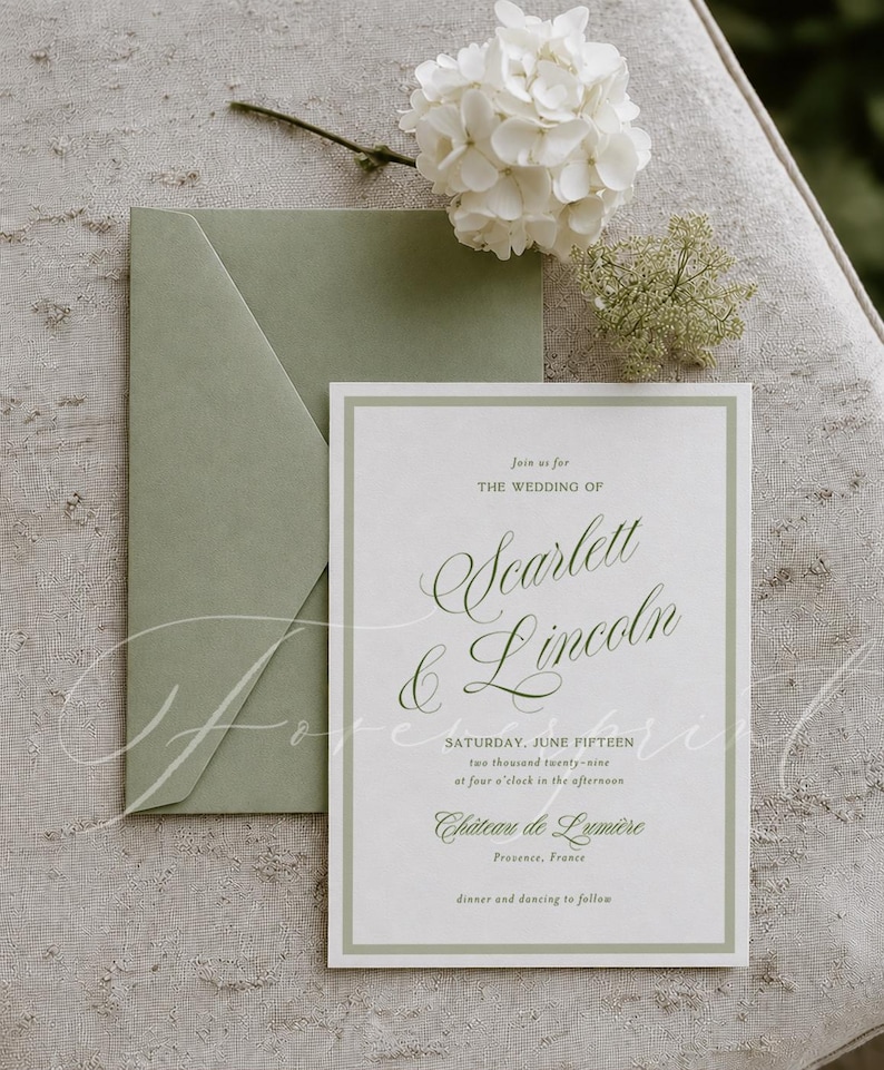 May include: A wedding invitation with a sage green envelope and border. The invitation reads "Join us for the wedding of Scarlett & Lincoln" with the date and location, "Ch&acirc;teau de Lumi&egrave;re, Provence, France."