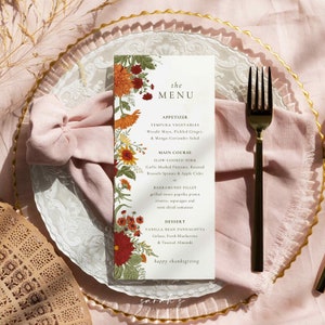 Plantilla de menú de Acción de Gracias, Menú de flores rústicas imprimible, Tarjeta de menú de otoño, Plantilla editable Menú de cena de otoño Menú de acción de amigos TG23