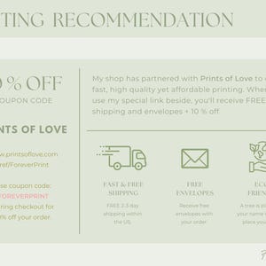 May include: A light green graphic with the text "PRINTING RECOMMENDATION" at the top. The graphic includes information about a printing service, including a 10% off coupon code and details about fast, free shipping and eco-friendly practices.