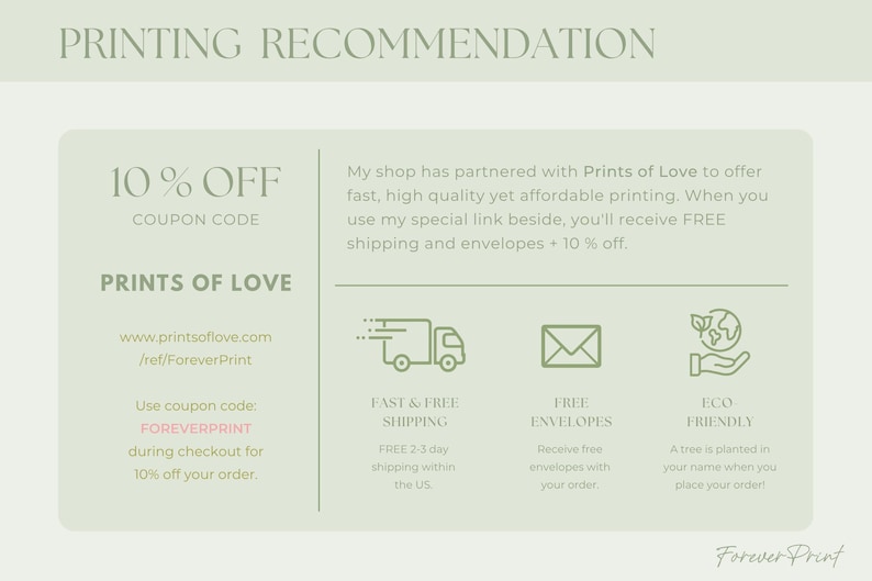May include: A light green graphic with the text "PRINTING RECOMMENDATION" at the top. The graphic includes information about a printing service, including a 10% off coupon code and details about fast, free shipping and eco-friendly practices.