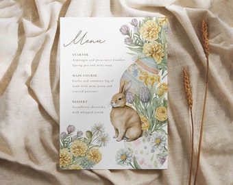 Menu del brunch di Pasqua, menu di Pasqua, menu del coniglietto dell'acquerello, menu di Pasqua stampabile, modello di menu, modello di brunch, brunch di Pasqua