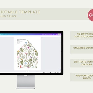 May include: A computer screen displaying a Canva design template with a floral pattern. The text "DIY EDITABLE TEMPLATE" and "EDIT USING CANVA" is displayed at the top of the screen. The text "NO SOFTWARE OR FONTS TO DOWNLOAD", "UNLIMITED DOWNLOADS", "EDIT TEXTS, FONTS AND COLOURS", and "ADD YOUR LOGO OR PHOTO" is displayed in buttons on the right side of the screen.