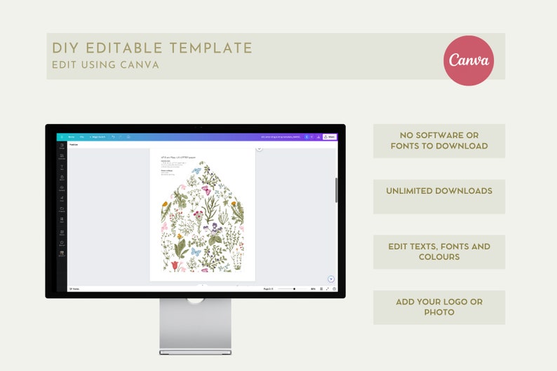May include: A computer screen displaying a Canva design template with a floral pattern. The text "DIY EDITABLE TEMPLATE" and "EDIT USING CANVA" is displayed at the top of the screen. The text "NO SOFTWARE OR FONTS TO DOWNLOAD", "UNLIMITED DOWNLOADS", "EDIT TEXTS, FONTS AND COLOURS", and "ADD YOUR LOGO OR PHOTO" is displayed in buttons on the right side of the screen.