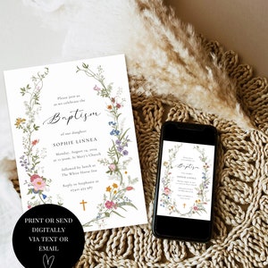 May include: A floral baptism invitation with a white background and a wreath of colorful flowers. The text reads "Please join us as we celebrate the Baptism of our daughter Sophie Linnea. Monday, August 14, 2024 at 11:30am, St Mary's Church followed by lunch at The White Horse Inn. Reply to Stephanie at 07421 453 987. Print or send digitally via text or email."