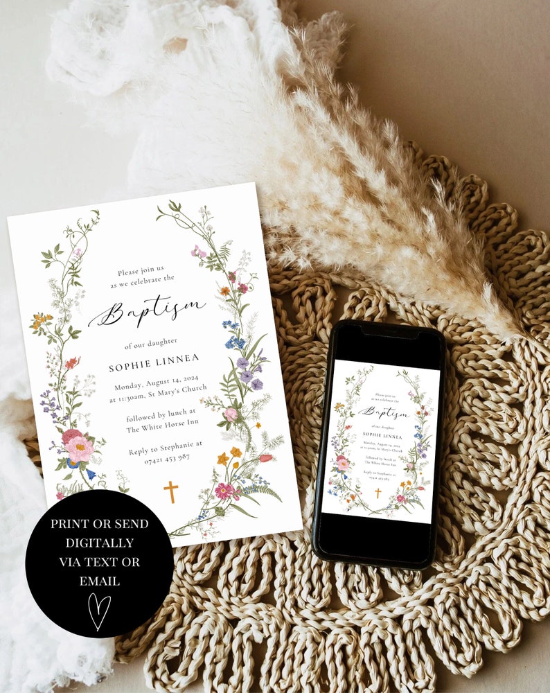 May include: A floral baptism invitation with a white background and a wreath of colorful flowers. The text reads "Please join us as we celebrate the Baptism of our daughter Sophie Linnea. Monday, August 14, 2024 at 11:30am, St Mary's Church followed by lunch at The White Horse Inn. Reply to Stephanie at 07421 453 987. Print or send digitally via text or email."