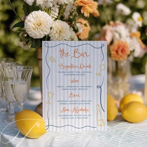 Plantilla elegante y original para letrero de bar, dibujada a mano, menú de bar para bodas o despedidas de soltera, bebidas, plantilla editable, descarga instantánea, rayas azules