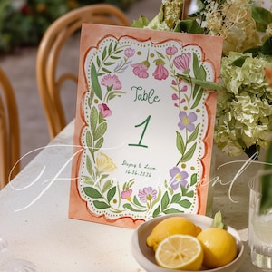 Szablon numeru stołu Peach Floral, rysowany ręcznie, drukowany znak stołu, edytowalny szablon, natychmiastowe pobranie, fantazyjny wystrój stołu DAGNY