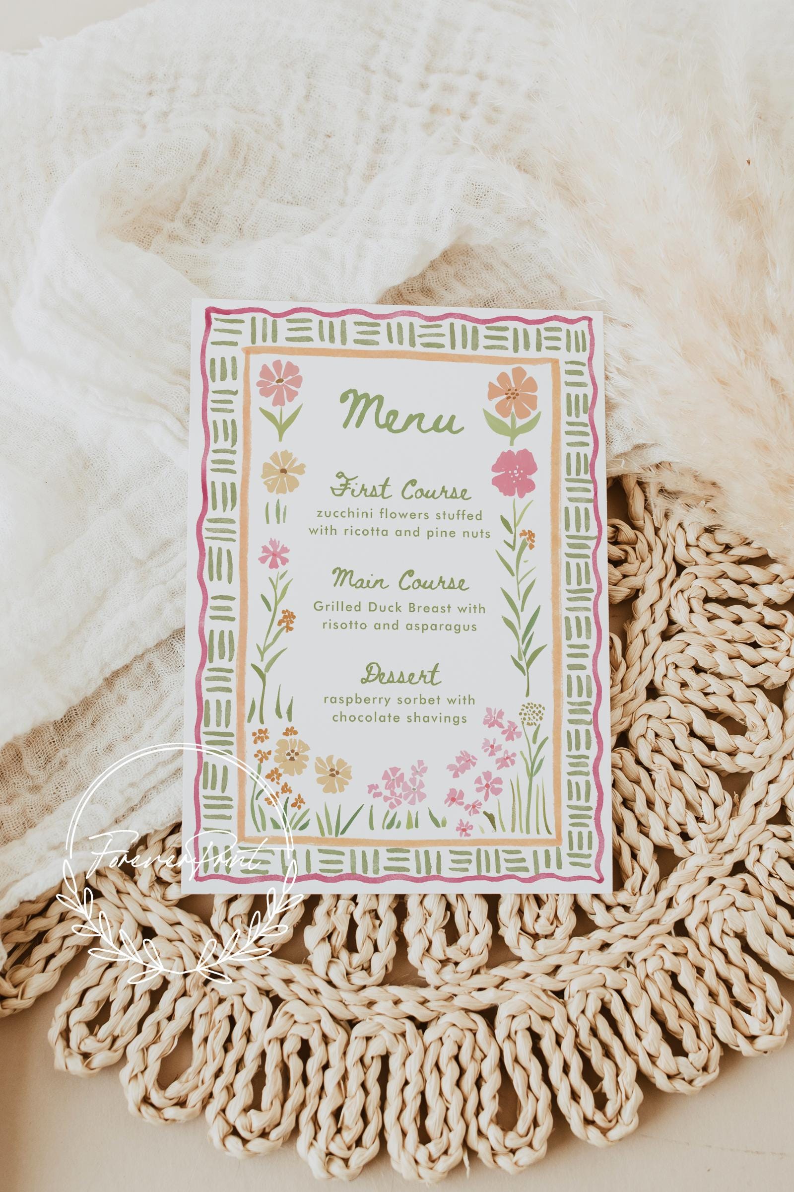 Colorful Floral Spring Menu Template, Hand Drawn, Printable Dinner Menu ...