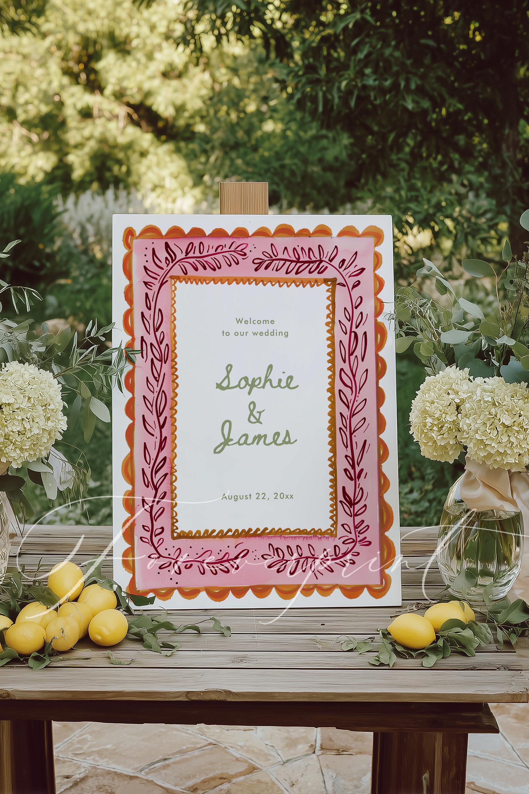 Whimsical Pink Wedding Welcome Sign Template, Hand-painted Border ...