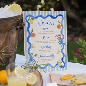 Modèle de menu de boisson de mariage agrumes bleu, enseigne de bar modifiable, enseigne de boissons d'été imprimable, décoration de mariage d'été colorée, oranges citrons