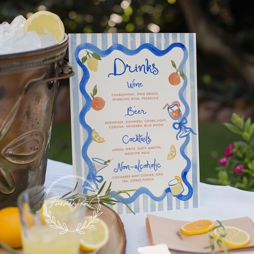 Modèle de menu de boisson de mariage agrumes bleu, enseigne de bar modifiable, enseigne de boissons d'été imprimable, décoration de mariage d'été colorée, oranges citrons