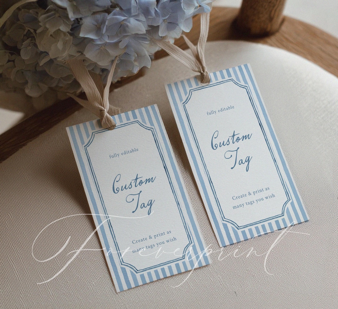 Printable Custom Tags Editable Custom Tag Template, Printable Gift Tag, Blue Striped Favor ...