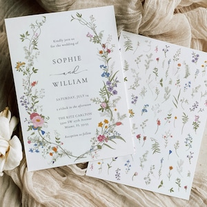 May include: Wedding invitation with floral border and text that reads "Kindly join us for the wedding of Sophie and William, Saturday, July 14, 2 o'clock in the afternoon, The Ritz Carlton, 1900 SW 37th Avenue, Miami, FL 33155, Reception to follow."