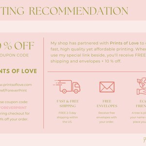 K&ouml;nnte beinhalten: Eine rosa-beige Grafik mit dem Text "PRINTING RECOMMENDATION" oben. Der Text enth&auml;lt "10% OFF" und "PRINTS OF LOVE" mit einem Link zur Website. Zus&auml;tzliche Textdetails zu schnellem und kostenlosem Versand, kostenlosen Umschl&auml;gen und umweltfreundlichen Optionen.