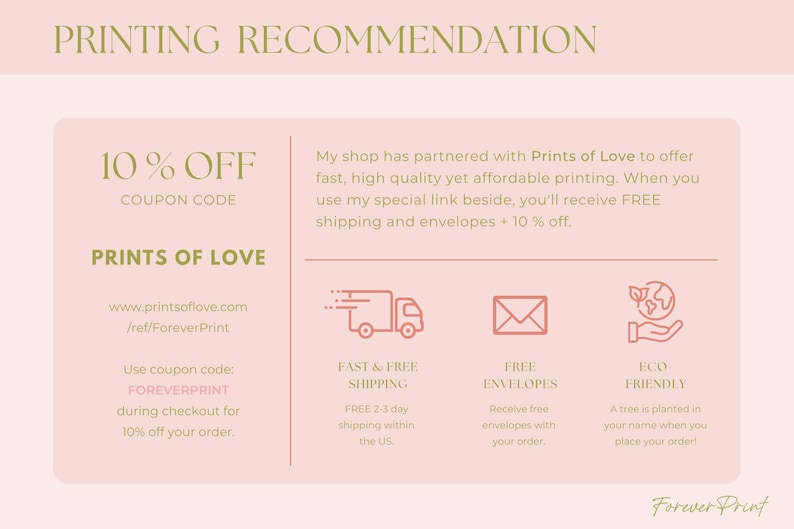 K&ouml;nnte beinhalten: Eine rosa-beige Grafik mit dem Text "PRINTING RECOMMENDATION" oben. Der Text enth&auml;lt "10% OFF" und "PRINTS OF LOVE" mit einem Link zur Website. Zus&auml;tzliche Textdetails zu schnellem und kostenlosem Versand, kostenlosen Umschl&auml;gen und umweltfreundlichen Optionen.