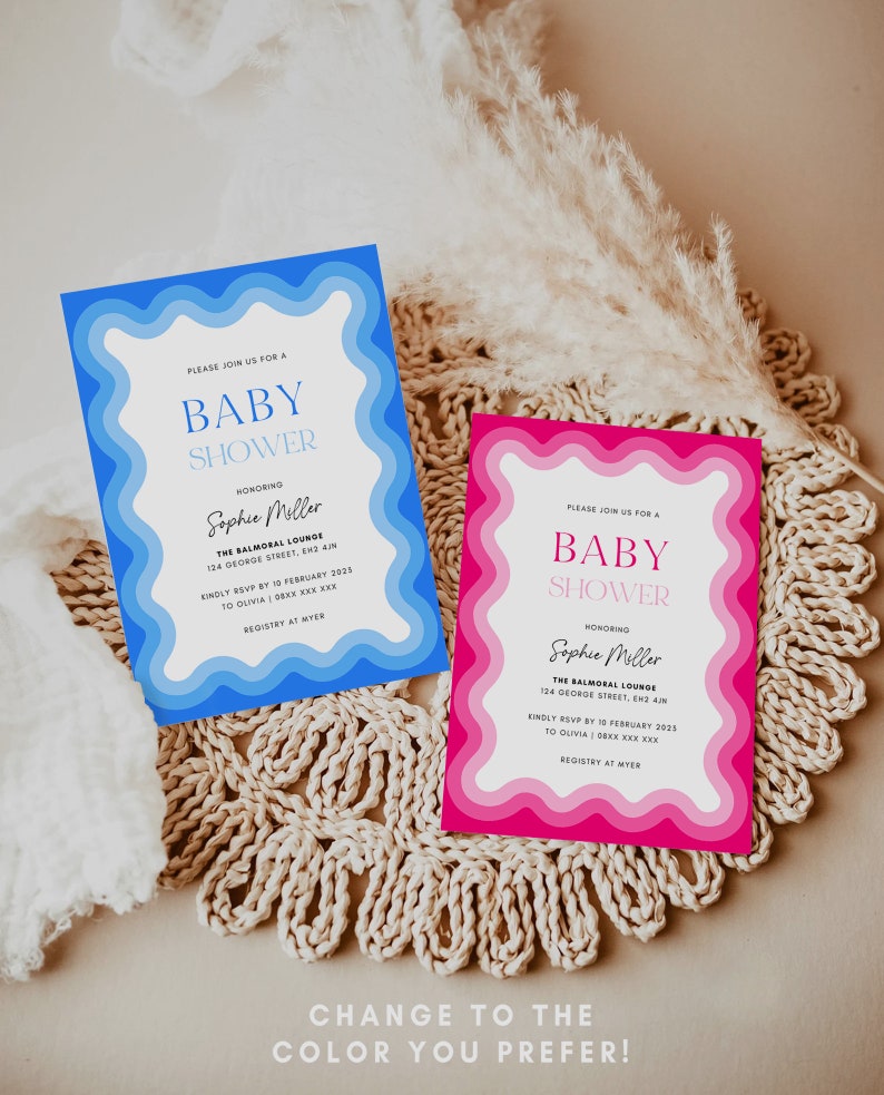 May include: Two baby shower invitations with a wavy border. The invitation on the left is blue and the invitation on the right is pink. Both invitations say "Please join us for a Baby Shower" and "Honoring Sophie Miller".