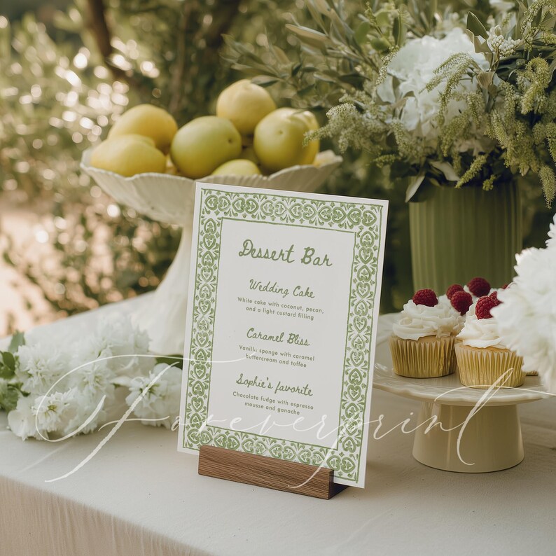 Green Border Dessert Bar Sign Template, Wedding/Bridal Shower Dessert Menu, Dessert Sign, Editable Template, Green Tile Border RUG01 image 2