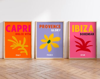 Set of 3 Travel Famous places prints | Ibiza Capri Provence Gallery | Preppy Travel poster | DIGITAL DOWNLOAD | Maximalist Wall Art |