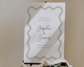 Wedding welcome sign, Curvy welcome sign template, Modern Swirl Edge wedding sign, Scallop Edge, Wavy, Wedding Script Welcome Sign, PP2