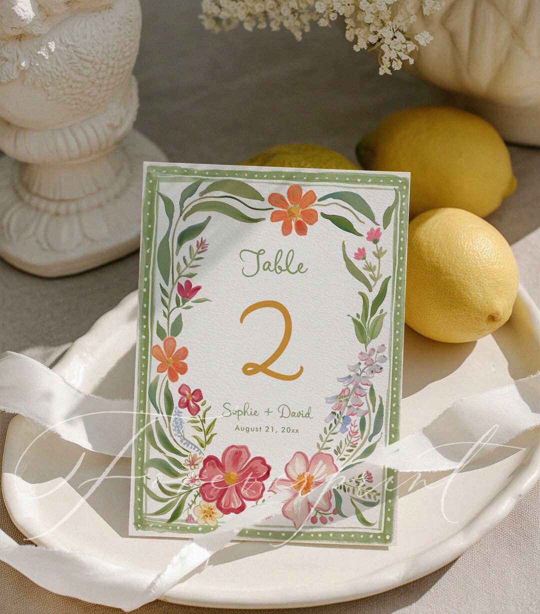 Green Floral Table Number Template, Hand Drawn, Printable Table Sign ...