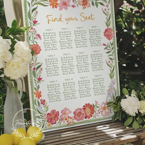 May include: A floral wedding seating chart with the words "Find your Seat" in gold script. The chart is surrounded by a green border with pink and orange flowers. The names are listed in a grid format.